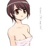  breasts brown_hair doujin_work medium_breasts naked_towel nipple_slip nipples nitou_kaneru solo towel yuuichi_(tareme_paradise) 