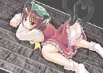  :&lt; animal_ears bloomers blush cat_ears cat_tail chen chinese_clothes earrings hat jewelry konechi multiple_tails short_hair solo tail top-down_bottom-up touhou underwear 