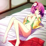  blush bottomless covering_mouth flat_chest flower futon hair_ornament hieda_no_akyuu lowres lying nude on_back open_clothes purple_eyes purple_hair renee short_hair solo touhou 