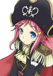  bad_id bad_pixiv_id blue_eyes cape cravat epaulettes ginji74 hat highres katou_marika long_hair miniskirt_pirates pink_hair pirate pirate_hat simple_background skull_and_crossbones smile solo 