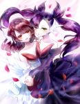  2girls bare_shoulders black_hair brown_eyes brown_hair cosplay frilled_sleeves frills gardevoir gardevoir_(cosplay) gen_3_pokemon gloria_(pokemon) green_eyes highres holding_hands looking_at_viewer marnie_(pokemon) mega_gardevoir mega_gardevoir_(cosplay) mega_pokemon multiple_girls open_mouth pokemon pokemon_(game) pokemon_swsh smile tsukigime_(fool_ehle) twintails wide_sleeves yuri 