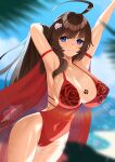  1girl absurdres ahoge arm_behind_back arm_behind_head armband armpits arms_up bangs bare_arms bare_shoulders blue_eyes breast_tattoo breasts brown_hair cleavage closed_mouth conch covered_navel covered_nipples cowboy_shot curvy daphne_(last_origin) ett hair_ornament halterneck highleg highleg_swimsuit highres large_breasts last_origin legs_together long_hair looking_at_viewer one-piece_swimsuit paw_print red_swimsuit see-through see-through_silhouette smile solo strap_gap sweat sweatdrop swimsuit tattoo thighs very_long_hair wet 