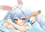  1girl animal_ears blue_hair blush braid bunny-shaped_pupils bunny_ears carrot carrot_hair_ornament food-themed_hair_ornament gotou_(nekocat) hair_ornament highres hololive long_hair looking_at_viewer portrait simple_background smile solo teeth thick_eyebrows usada_pekora white_background yellow_eyes 