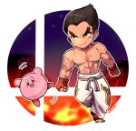  1boy black_hair blue_eyes blush_stickers fingerless_gloves gloves highres kirby kirby_(series) kotorai male_focus mishima_kazuya muscular muscular_male pants red_eyes scar shirtless short_hair simple_background smash_ball smile super_smash_bros. tekken thick_eyebrows volcano 