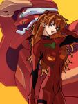  1girl beef_stew blue_eyes bodysuit breasts eva_02 extra_eyes green_eyes hair_behind_ear hand_in_hair looking_at_viewer mecha neon_genesis_evangelion open_mouth orange_hair pilot_suit plugsuit red_bodysuit science_fiction small_breasts smile souryuu_asuka_langley two_side_up yellow_background 