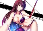  akeyama_kitsune arched_back bikini breasts cleavage collarbone fate/grand_order fate_(series) flower foreshortening hair_flower hair_ornament halterneck leaning_forward long_hair looking_at_viewer navel polearm purple_hair red_eyes scathach_(fate)_(all) scathach_(swimsuit_assassin)_(fate) smile spear swimsuit thigh_gap weapon 
