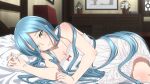  1girl alternate_costume artist_name azura_(fire_emblem) bare_shoulders bed bed_sheet bedroom blue_hair blush closed_mouth commentary dress english_commentary eyebrows_visible_through_hair eyes_visible_through_hair fire_emblem fire_emblem_fates highres indoors lips long_hair looking_at_viewer lying on_bed on_side pillow pink_lips plant satyarizqy sleeveless sleeveless_dress smile solo vase very_long_hair white_dress window yellow_eyes 