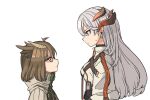  2girls arknights breasts brown_coat brown_hair chest_strap closed_mouth coat dragon_horns earrings eye_contact feather_hair from_side glaring glasses grey_shirt height_difference high-waist_skirt horns id_card jewelry long_hair looking_at_another medium_breasts multiple_girls orange_eyes profile ran_system saria_(arknights) semi-rimless_eyewear shirt short_hair silence_(arknights) silver_hair simple_background skirt stud_earrings sweatdrop under-rim_eyewear upper_body white_background 