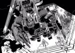  6+others chain_gun floating full_armor_gundam greyscale gundam gundam_thunderbolt highres mecha missile_pod mobile_suit monochrome multiple_others official_art ohtagaki_yasuo science_fiction shoulder_cannon solo_focus spacesuit v-fin zero_gravity 
