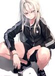  1girl absurdres an-94_(girls&#039;_frontline) bangs black_jacket black_nails black_shorts blush bottle closed_mouth eyebrows_visible_through_hair girls&#039;_frontline gopnik green_eyes hair_between_eyes hakkyou_ebi highres jacket long_hair long_sleeves shoes shorts simple_background slav_squatting smile sneakers solo squatting track_jacket white_background zipper_pull_tab 
