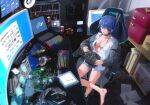  absurdres alternate_costume barefoot blue_hair breasts cable chair cleavage computer desk drawing_tablet girls&#039;_frontline highres huge_filesize indoors k11_(girls&#039;_frontline) keyboard_(computer) laptop medium_breasts monitor mouse_(computer) mousepad_(object) multiple_monitors nighttsound purple_eyes speaker stylus 
