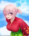  1girl absurdres alternate_costume fate/grand_order fate_(series) glasses highres japanese_clothes kimono ldl_(bcw1025) mash_kyrielight one_eye_covered pink_hair ponytail purple_eyes 