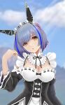  1girl absurdres alternate_costume azur_lane blue_hair breasts cleavage cosplay crossover detached_sleeves eyebrows_visible_through_hair frilled_sleeves frills gascogne_(azur_lane) hair_ornament hair_ribbon headgear highres look-alike looking_at_viewer maid maid_headdress medium_breasts pink_ribbon re:zero_kara_hajimeru_isekai_seikatsu rem_(re:zero) rem_(re:zero)_(cosplay) ribbon roswaal_mansion_maid_uniform short_hair simple_background solo tomozou-1971 x_hair_ornament yellow_eyes 