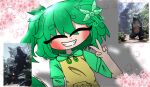  artist_request blush bow breasts closed_eyes floral_background flower godzilla_(series) green_hair green_shirt hair_between_eyes hair_bow hand_up highres image_sample little_godzilla monster_girl official_art shirt short_hair small_breasts smile tail teeth 