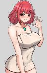  1girl absurdres bangs breasts chest_jewel desspie gem highres large_breasts naked_towel pyra_(xenoblade) red_eyes red_hair short_hair simple_background solo swept_bangs towel xenoblade_chronicles_(series) xenoblade_chronicles_2 
