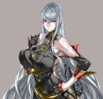  1girl black_gloves breasts closed_mouth covered_nipples fold-over_gloves gloves grey_background grey_hair hair_between_eyes half_gloves hand_on_hip hand_up highres honjou_raita impossible_clothes large_breasts long_hair looking_at_viewer perky_breasts red_eyes selvaria_bles senjou_no_valkyria senjou_no_valkyria_1 simple_background solo sword very_long_hair weapon 
