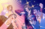  1980s_(style) 1girl 4boys adachi_ruri black_eyes bow_dress breasts brown_eyes chain_print clenched_hands dress fangs formal gold_necklace highres instrument irezumi jacket karaoke kashiwagi_osamu keyboard_(instrument) long_dress long_hair majima_gorou manly medium_breasts medium_hair microphone multiple_boys music open_mouth orange_shirt pinky_out polka_dot ponytail retro_artstyle ryuu_ga_gotoku ryuu_ga_gotoku_0 scar scar_on_face shirt short_hair sideburns silver_neckwear singing smile star_(symbol) suit sunlight tattoo thumbs_up white_dress white_jacket white_suit yakuza yumi_(ryuu_ga_gotoku) 