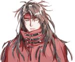  1boy black_hair buckle cloak closed_eyes final_fantasy final_fantasy_vii headband highres long_hair messy_hair peonrin red_cloak strap turban vincent_valentine white_background 