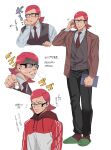  1boy alternate_costume anger_vein angry breath brown_jacket brown_legwear brown_neckwear chalk closed_mouth collared_shirt commentary_request glasses green_(grimy) green_footwear head_rest highres holding holding_chalk jacket long_sleeves male_focus maxie_(pokemon) multiple_views necktie open_clothes open_jacket pants pokemon pokemon_(game) pokemon_oras ribbed_legwear shirt slippers teacher teeth translation_request vest white_background 