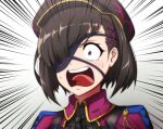  1other bangs black_hair black_headwear blush commentary_request constricted_pupils dress emphasis_lines eyepatch fate/grand_order fate_(series) grey_eyes hair_over_one_eye hat highres meme mysterious_ranmaru_x_(fate) open_mouth parody peaked_cap purple_dress saitou_machiko scene_reference short_hair short_sleeves solo sotomichi tokai_teio_(umamusume) umamusume voice_actor_connection 