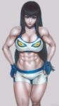  1girl abs absurdres adapted_costume bangs barefoot bike_shorts blue_eyes blunt_bangs breasts cleavage fingerless_gloves gloves highres junketsu kill_la_kill kiryuuin_satsuki kuon_(kwonchanji) large_breasts lips long_hair muscular muscular_female nose padded_gloves realistic sidelocks solo sports_bra 