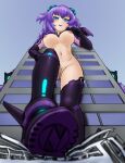  1girl alloyrabbit blue_eyes blush boots braid breasts from_below giant giantess highres leotard long_hair looking_at_viewer medium_breasts neptune_(series) nipples nude open_mouth power_symbol purple_hair purple_heart solo symbol-shaped_pupils thigh_boots thighhighs twin_braids very_long_hair 