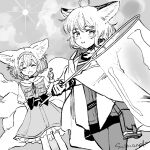 ahoge alternate_costume animal_ears arknights braid bubble_wand commentary cowboy_shot dress dutch_angle fox_ears fox_girl fox_tail hairband holding jacket kitsune looking_at_viewer net open_clothes open_jacket oripathy_lesion_(arknights) pantyhose pouch shirt short_hair short_hair_with_long_locks skirt sun sussurro_(arknights) sutoa suzuran_(arknights) tail 