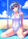  1girl beach blue_eyes blue_sky breasts casual_one-piece_swimsuit cloud commentary_request commission covered_navel day grey_hair hair_bun highres horizon kiyukisuke long_hair looking_at_viewer medium_breasts one-piece_swimsuit outdoors pole sitting skeb_commission sky solo strawberry_panic! suzumi_tamao swimsuit wariza white_swimsuit 
