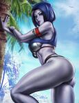 1girl armband ass beach black_hair blue_skin breasts colored_skin commentary dandon_fuga dc_comics hood hoodie large_breasts lips long_hair palm_tree parted_lips purple_eyes raven_(dc) signature solo teen_titans thick_thighs thighs tree 