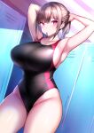  1girl arms_behind_back black_hair black_swimsuit braid breasts collarbone competition_swimsuit contrapposto cowboy_shot crown_braid hair_tie_in_mouth highres holding holding_hair large_breasts locker looking_at_viewer mouth_hold one-piece_swimsuit original ponytail red_eyes solo swimsuit tsukumiya_amane tying_hair 