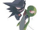  black_eyes commentary_request eye_contact flower fukafuka gardevoir gen_1_pokemon gen_3_pokemon hand_on_another&#039;s_back haunter highres holding holding_flower looking_at_another pink_flower pokemon pokemon_(creature) red_eyes simple_background white_background 