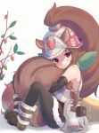  1girl animal_ears black_legwear blush brown_hair hat highres looking_at_viewer ponytail princess_connect! purple_eyes rin_(princess_connect!) shimon_(31426784) squirrel_ears squirrel_girl squirrel_tail tail 