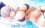  1girl azur_lane bikini blue_bikini breasts flower highres komaru_chan large_breasts long_hair looking_at_viewer o-ring o-ring_bikini panties panty_pull silver_eyes silver_hair skindentation solo swimsuit underwear vittorio_veneto_(azur_lane) water wet white_flower 