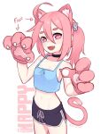  1girl :d ahoge animal_ears black_choker blue_tank_top cat_ears cat_tail choker cowboy_shot dolphin_shorts extra_ears flat_chest gloves hands_up happy_(eds) happy_birthday highres looking_at_viewer medium_hair midriff navel open_mouth original paw_gloves paws pink_eyes pink_hair shorts simple_background smile solo stomach tail tank_top twintails white_background yoako 