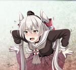  1girl :o amatsukaze_(kancolle) bangs blush choker commentary_request cracked_wall eyebrows_visible_through_hair eyes_visible_through_hair fangs gloves hair_between_eyes hair_tubes hairband kabe_ni_hamatte_ugokenai! kantai_collection long_hair long_sleeves looking_at_viewer parody school_uniform serafuku sidelocks silver_eyes silver_hair single_glove solo stuck through_wall tk8d32 trembling two_side_up white_gloves 