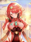  absurdres bangs black_gloves breasts chest_jewel earrings fingerless_gloves gem gloves headpiece highres jewelry large_breasts pyra_(xenoblade) red_eyes red_hair short_hair swept_bangs taro_(pixiv34317323) tiara xenoblade_chronicles_(series) xenoblade_chronicles_2 