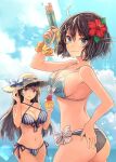  2girls ahoge ass back beach belly bikini black_hair blue_bikini blue_eyes blue_sky breasts brown_hair choukai_(kancolle) cloud cowboy_shot day eyebrows_visible_through_hair flower glasses hair_between_eyes hair_flower hair_ornament hat hat_ribbon highres kantai_collection kasumi_(skchkko) large_breasts long_hair looking_at_viewer maya_(kancolle) multiple_girls ocean outdoors ribbon rimless_eyewear short_hair sky straw_hat striped striped_bikini swimsuit water water_gun white_bikini 