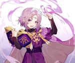  1boy blush book cape circlet elley226 fire_emblem fire_emblem:_the_sacred_stones fire_emblem_heroes highres holding holding_book looking_at_viewer lyon_(fire_emblem) magic open_mouth purple_eyes purple_hair smile solo upper_body upper_teeth younger 