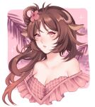  1girl absurdres animal_ears arknights breasts brown_hair cleavage commentary cropped_torso eyjafjalla_(arknights) eyjafjalla_(summer_flowers)_(arknights) flower hair_flower hair_ornament highres horns large_breasts long_hair looking_at_viewer off-shoulder_swimsuit off_shoulder official_alternate_costume pink_eyes pink_swimsuit red_flower sheep_ears sheep_girl sheep_horns solja solo swimsuit 