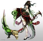  1girl animistic aura bangs bare_shoulders black_footwear black_hair black_headwear black_kimono blush breasts character_request commentary_request curled_horns dark_aura facial_mark fang full_body gears gradient gradient_background green_hair grey_background hair_between_eyes hat high_heels highres holding holding_scythe horns itamidome japanese_clothes kimono long_legs long_sleeves looking_at_viewer mini_hat multicolored_hair nail_polish off_shoulder official_art parted_lips red_nails scythe shoes small_breasts smile snake_hair solo standing tail two-tone_hair watermark white_background wide_sleeves 