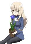  1girl black_legwear blonde_hair blush closed_mouth glasses highres kanata_mako long_hair military military_uniform neckerchief pantyhose perrine_h._clostermann plant potted_plant shiny shiny_hair simple_background sitting smile solo strike_witches uniform white_background white_neckwear world_witches_series yellow_eyes 
