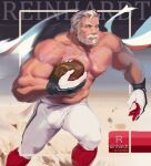  1boy abs ball bara beard bulge facial_hair feet_out_of_frame highres holding holding_ball large_pectorals luerstine male_focus mature_male muscular muscular_male navel nipples old old_man overwatch pants pectoral_press pectorals reinhardt_(overwatch) reward_available rugby rugby_ball rugby_uniform running scar scar_across_eye shirtless short_hair smile solo sportswear stomach sweat tight tight_pants white_hair white_pants 