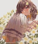  1girl bangs blush brown_hair brown_sweater collared_shirt curled_up euphie_vt flower grey_shirt grey_skirt hana_macchia head_tilt highres looking_at_viewer medium_hair nijisanji nijisanji_id shirt silver_eyes sitting skirt smile solo sweater virtual_youtuber white_flower 