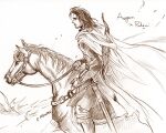  1boy aragorn beard brown_theme cape character_name facial_hair from_side holding holding_reins horse horseback_riding kazuki-mendou legendarium male_focus medium_hair monochrome reins riding shield signature simple_background solo sword the_lord_of_the_rings weapon white_background 