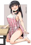  1girl apron bangs barefoot black_hair blunt_bangs blush breasts cleaning cloth eyebrows_visible_through_hair geso_smith gingham highres kneeling large_breasts long_hair mole mole_under_mouth naked_apron open_mouth original pocket red_eyes side_slit sideboob simple_background solo table twitter_username 