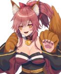  1girl animal_ear_fluff animal_ears artist_request bell blush breasts cat_paws cleavage collarbone eyebrows_visible_through_hair fangs fate/grand_order fate_(series) fox_ears fox_girl fox_tail gloves hair_ribbon jingle_bell large_breasts long_hair looking_at_viewer neck_bell open_mouth paw_gloves paws pink_hair ponytail red_ribbon ribbon simple_background solo tail tamamo_(fate)_(all) tamamo_cat_(fate) white_background yellow_eyes 