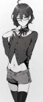  1other ahoge androgynous blue_eyes blush closed_mouth copyright_request eyebrows_visible_through_hair glasses greyscale highres long_sleeves medium_hair midriff mole_above_eye monochrome navel partially_colored shirt shorts simple_background st_(youx1119) sweat thighhighs 