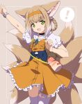  ! 1girl animal_ears arknights black_choker blonde_hair bottle bunny choker commentary cowboy_shot dress fox_ears fox_girl fox_tail frilled_dress frills green_eyes hairband hand_up highres kitsune kyuubi minowa_sukyaru multicolored_hair multiple_tails open_mouth orange_dress orange_hairband short_hair_with_long_locks solo spoken_exclamation_mark suzuran_(arknights) tail thighhighs two-tone_hair watch white_hair white_legwear white_sleeves wristwatch 