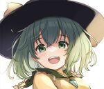  1girl :d bangs banned_artist black_headwear eyebrows_visible_through_hair green_eyes green_hair hat hat_ribbon komeiji_koishi looking_at_viewer open_mouth portrait ribbon short_hair simple_background smile solo touhou white_background yellow_ribbon yuuka_nonoko 