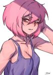  1girl bare_shoulders blush bob_cut breasts camisole cleavage hair_between_eyes hand_up looking_at_viewer medium_breasts medium_hair messy_hair one_eye_closed original parted_lips pink-haired_girl_(zakusi) pink_eyes pink_hair purple_camisole sharp_teeth signature simple_background solo symbol_commentary teeth upper_body white_background zakusi 